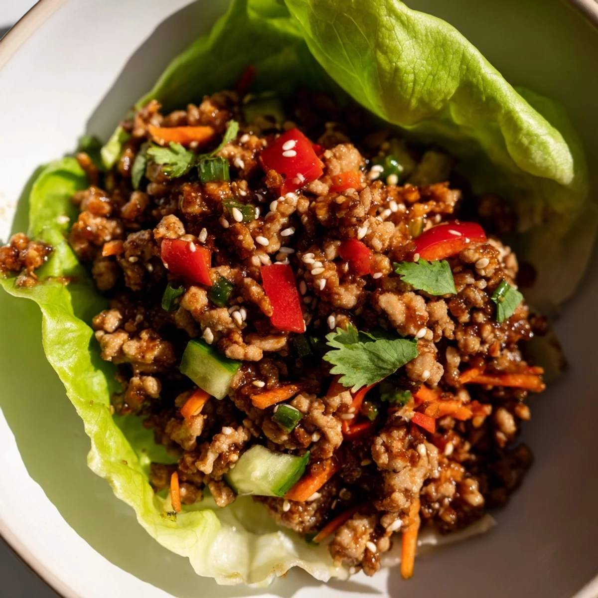 Crisp lettuce cups filled with savory ground turkey mixture and fresh colorful diced vegetables