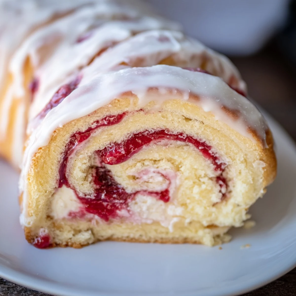 Golden Strawberry Shortcake Cheesecake Rolls drizzled with sweet vanilla glaze on a white serving plate