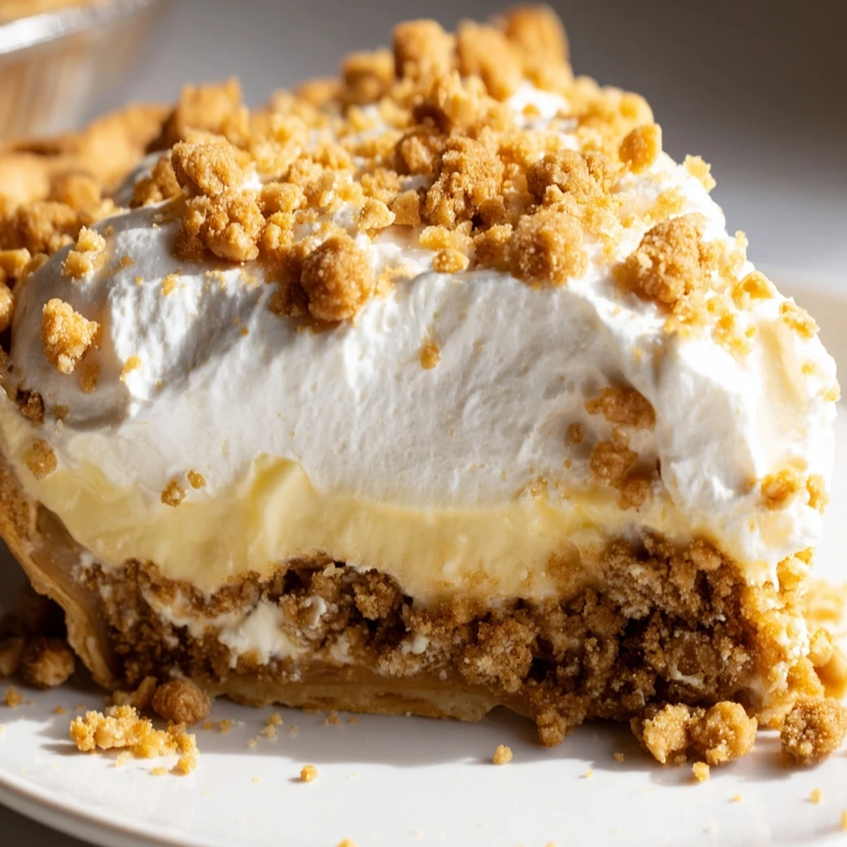 Creamy Amish peanut butter dream pie topped with fluffy whipped cream and golden crumbs
