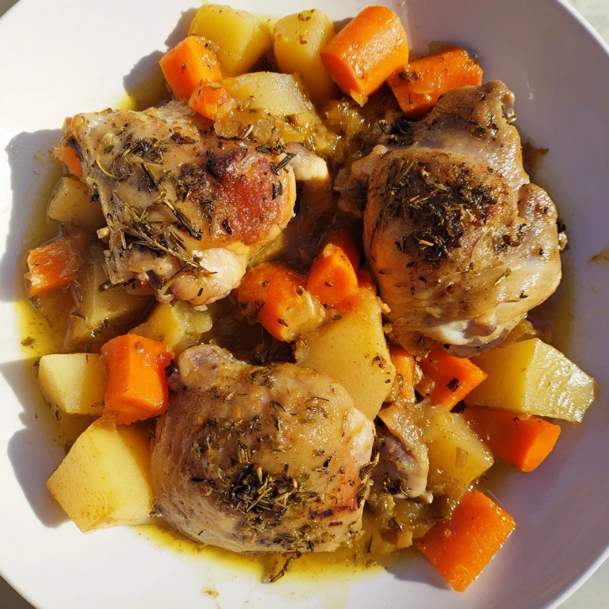 Tender slow cooker chicken dinner with carrots, potatoes, and herb gravy in a rustic bowl