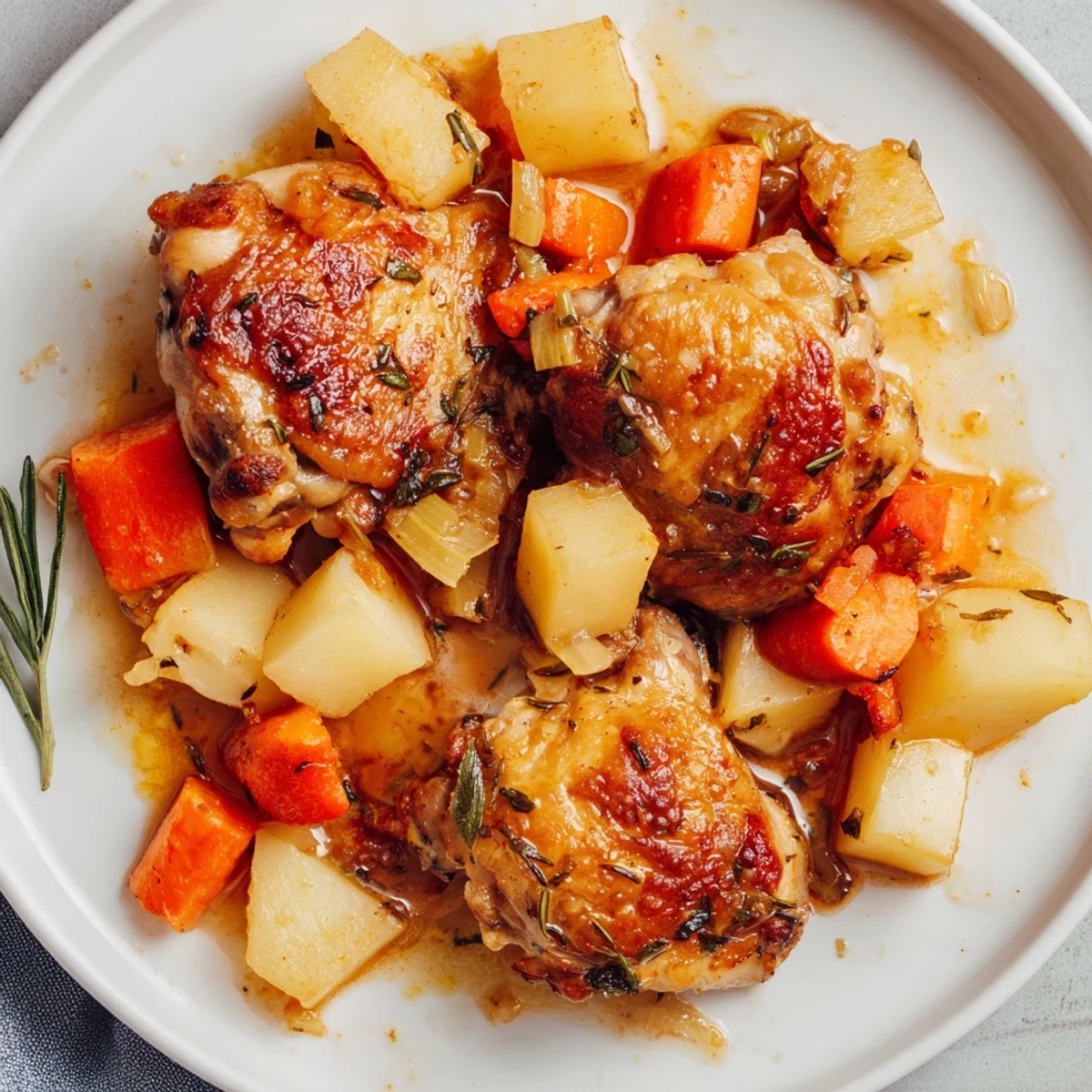 Juicy slow cooker chicken dinner surrounded by colorful root vegetables in savory broth