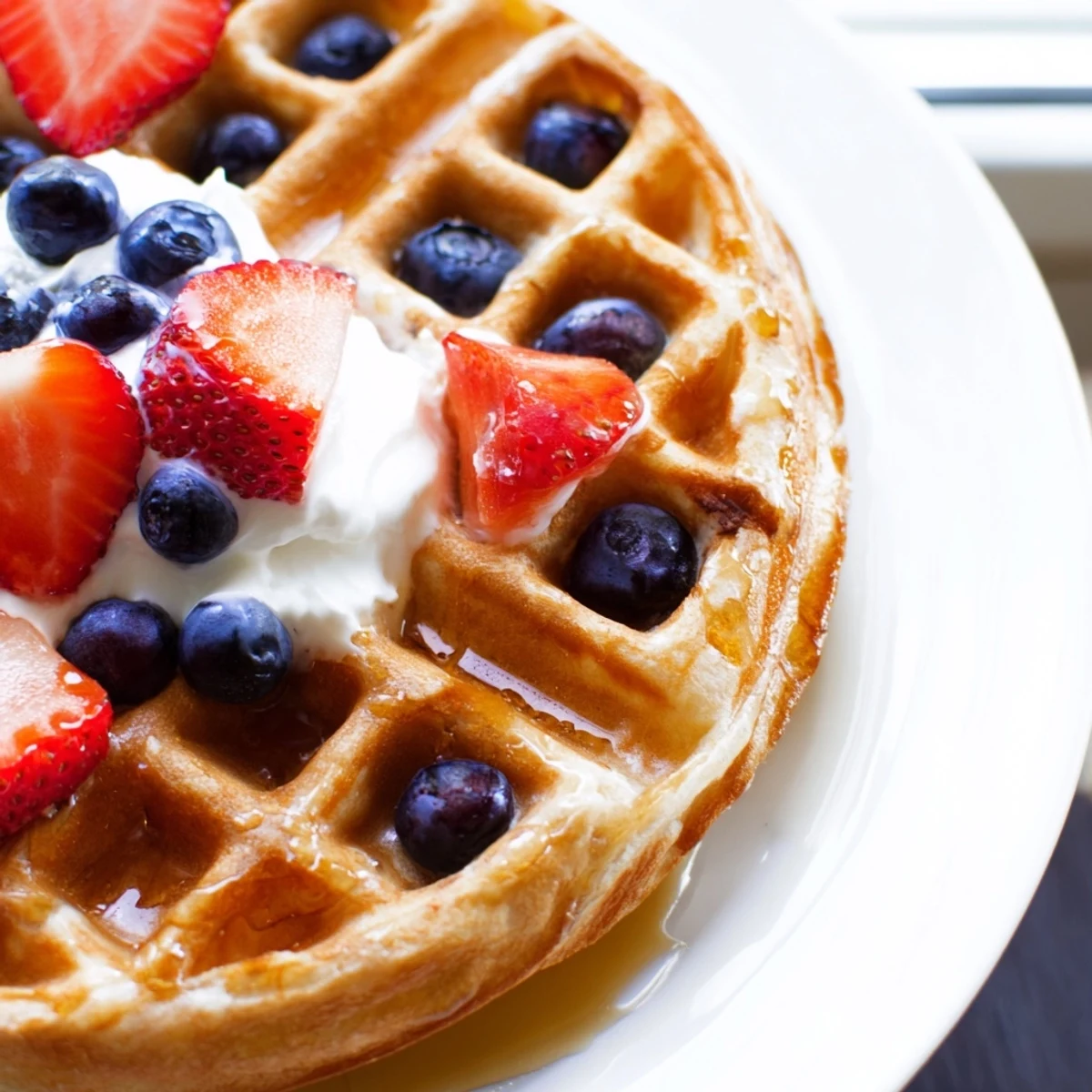 Crispy golden Greek yogurt waffles stacked on a plate with fresh berries and maple syrup