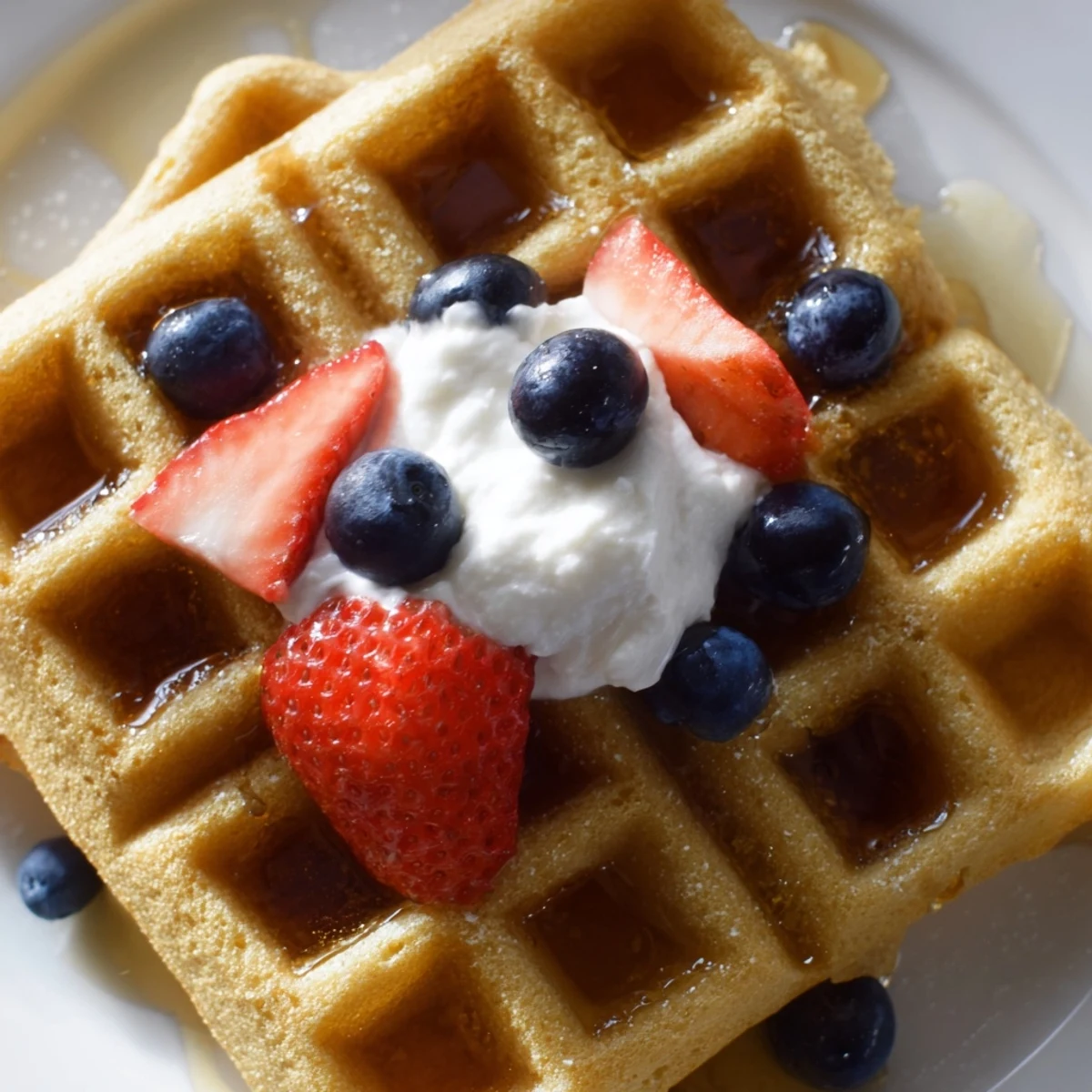 Fluffy Greek yogurt waffles with deep grids drizzled in honey and topped with whipped cream
