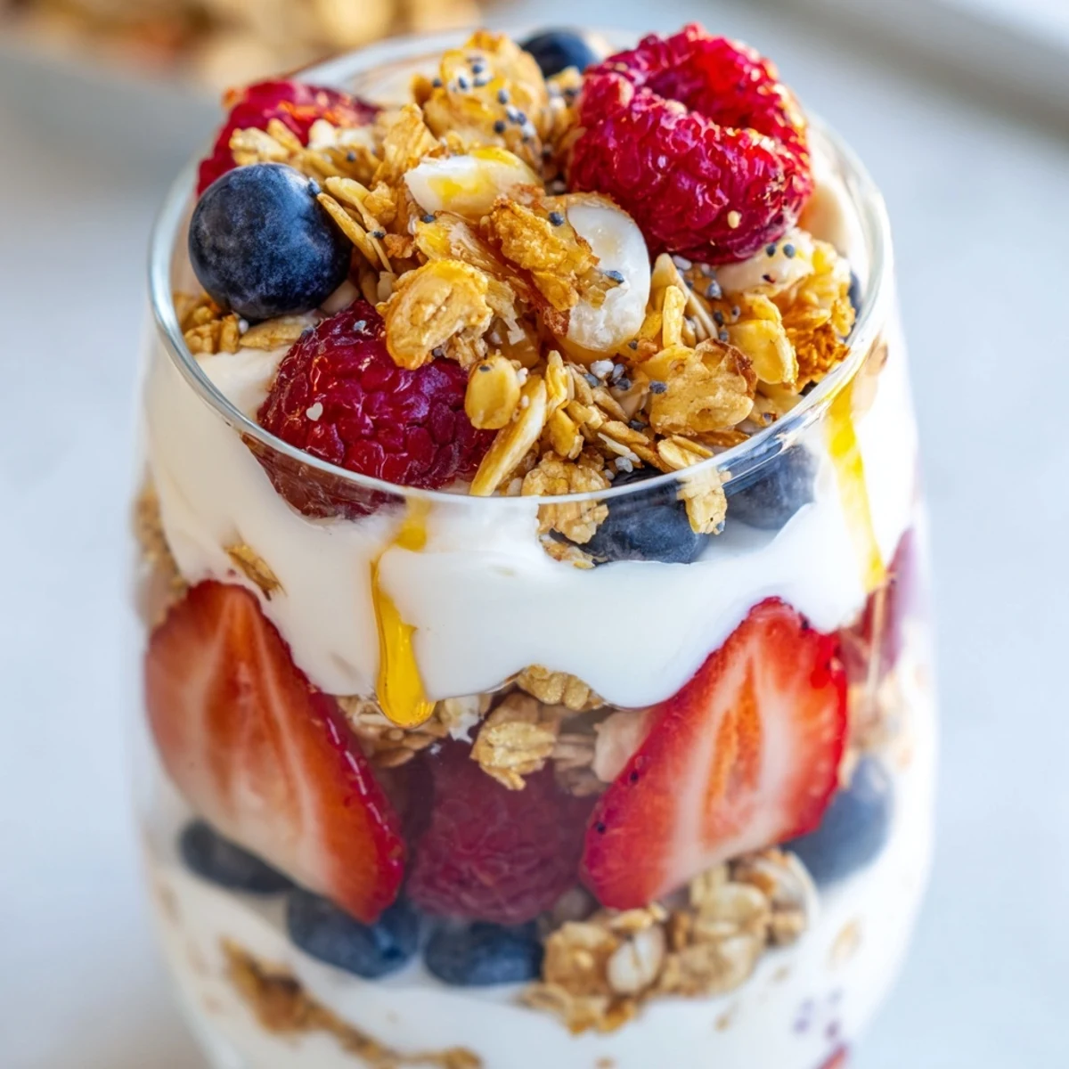 Creamy Greek yogurt parfait layered with vibrant berries and crunchy granola in a glass