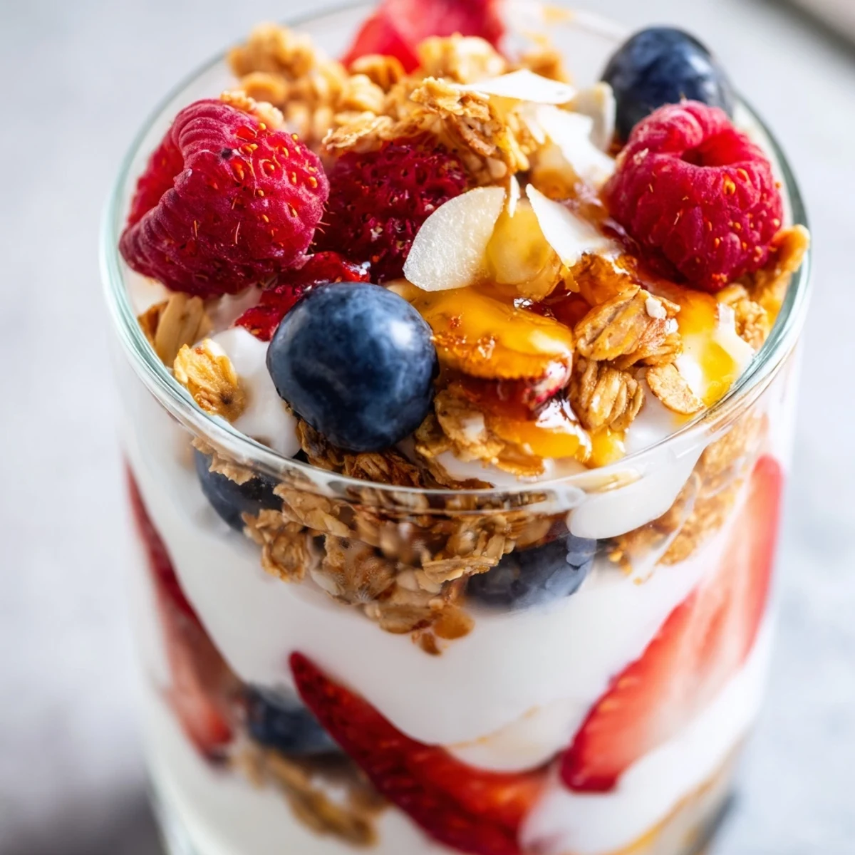 Greek yogurt parfait topped with fresh strawberries blueberries and golden honey drizzle