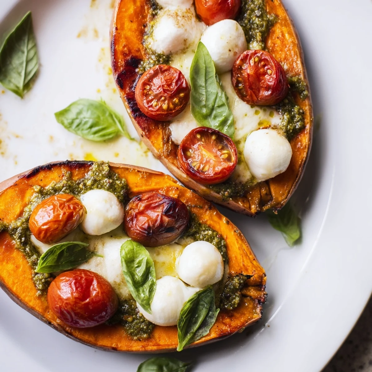 Golden roasted sweet potatoes topped with cherry tomatoes, mozzarella, and bright green pesto drizzle
