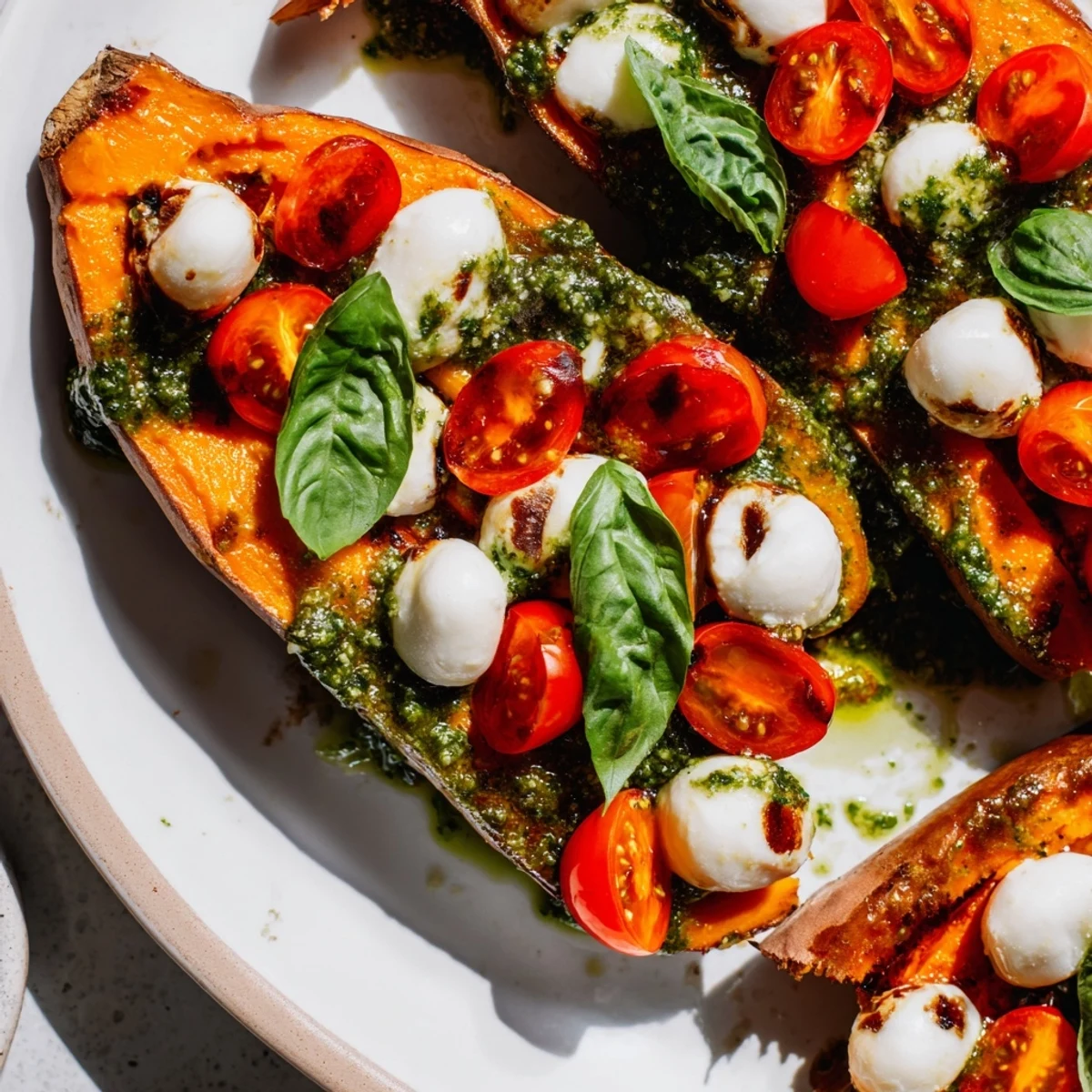 Summer sweet potatoes with tomatoes mozzarella pesto served on a rustic white plate