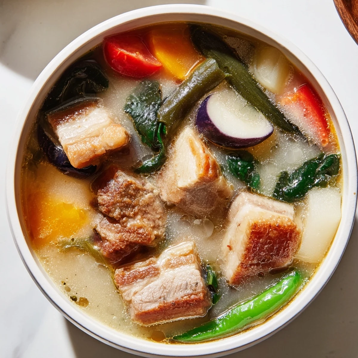 Steaming bowl of Filipino Sinigang with tender pork and fresh vegetables in tangy broth