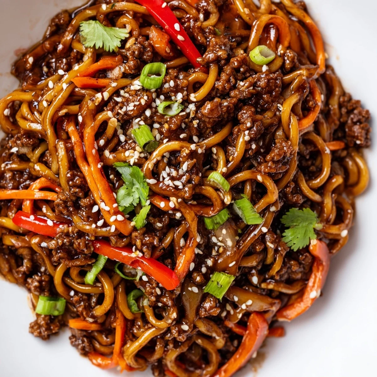 Sesame-garnished Asian ground beef noodles in a wok with colorful stir-fried vegetables