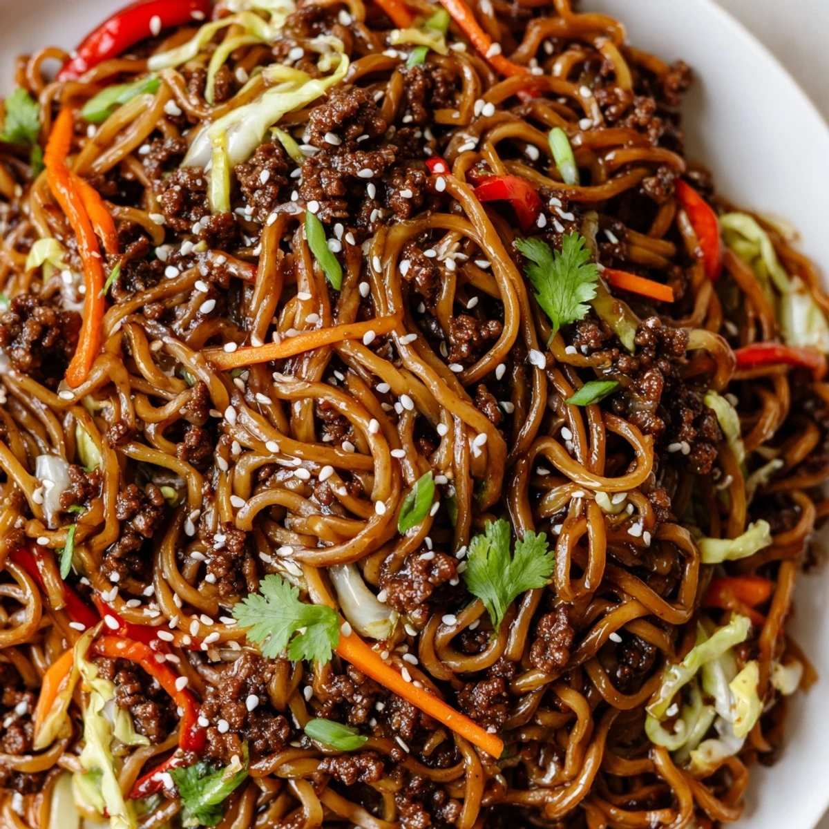 Steaming plate of Asian ground beef noodles topped with fresh green onions