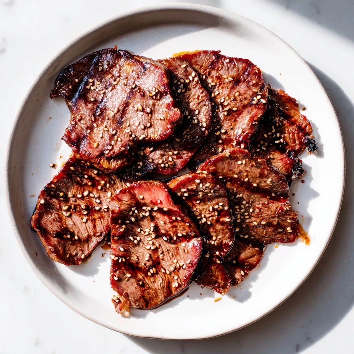 Beef Yakiniku sizzling on a grill pan with caramelized edges and colorful vegetables
