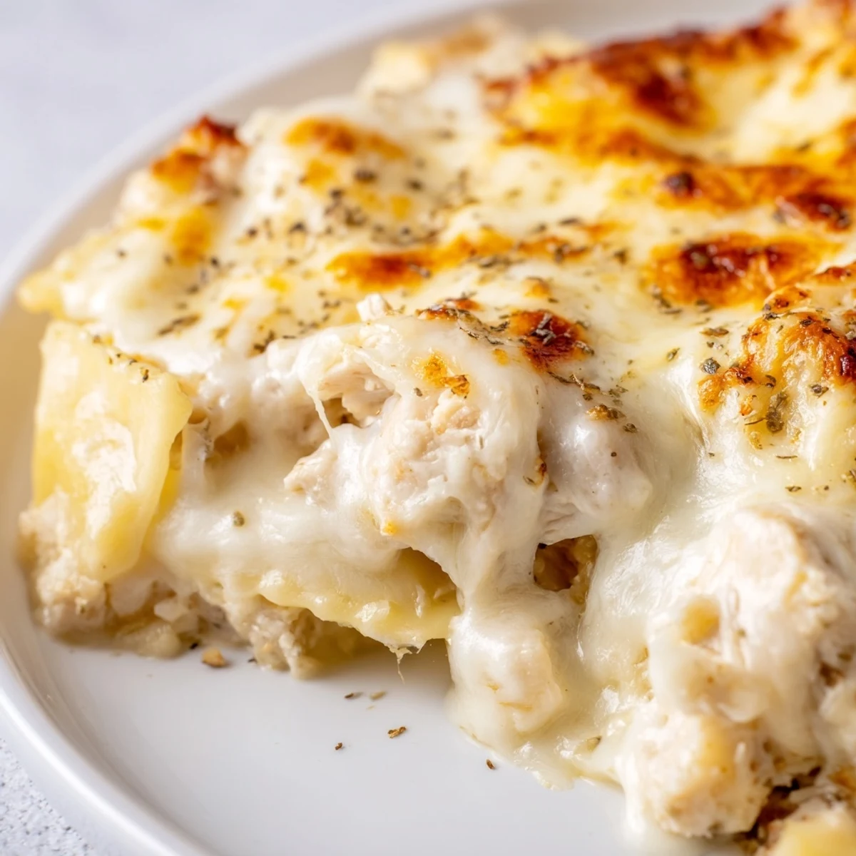 Golden bubbling chicken Alfredo baked ravioli casserole topped with melted mozzarella cheese