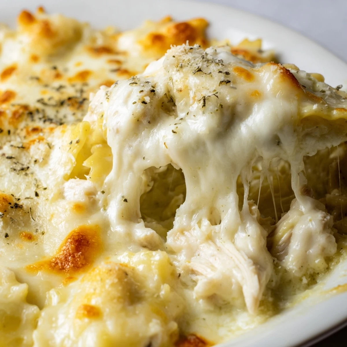 Creamy chicken Alfredo baked ravioli served warm in a white ceramic dish