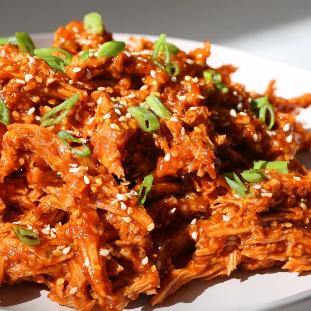 Slow Cooker Sweet Chili Chicken glazed in sticky sauce topped with green onions