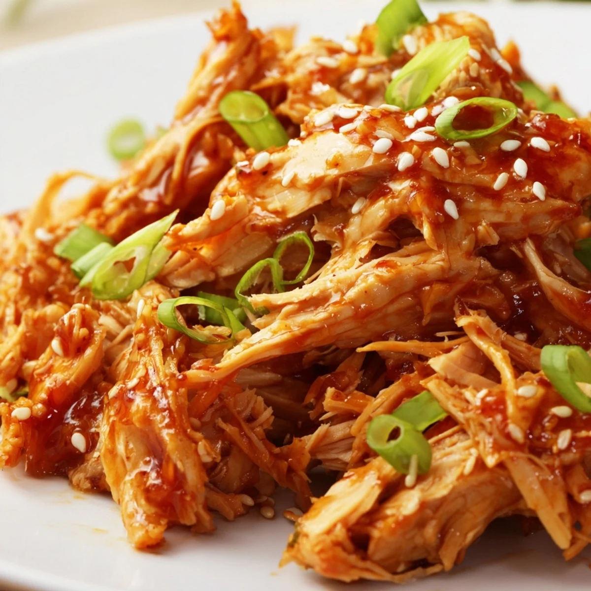 Tender Slow Cooker Sweet Chili Chicken shredded and coated in glossy Asian-inspired sauce