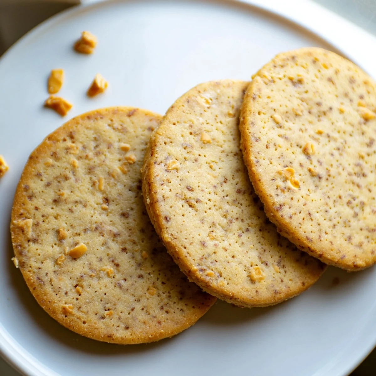 Golden espresso shortbread cookies studded with glistening toffee chunks on rustic parchment paper