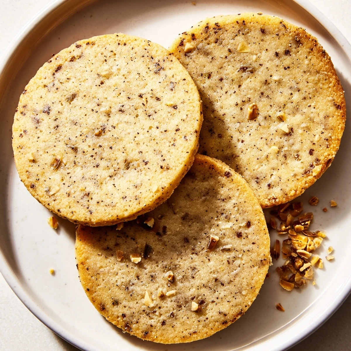 Buttery espresso shortbread cookies with caramelized toffee bits arranged beside a steaming mug