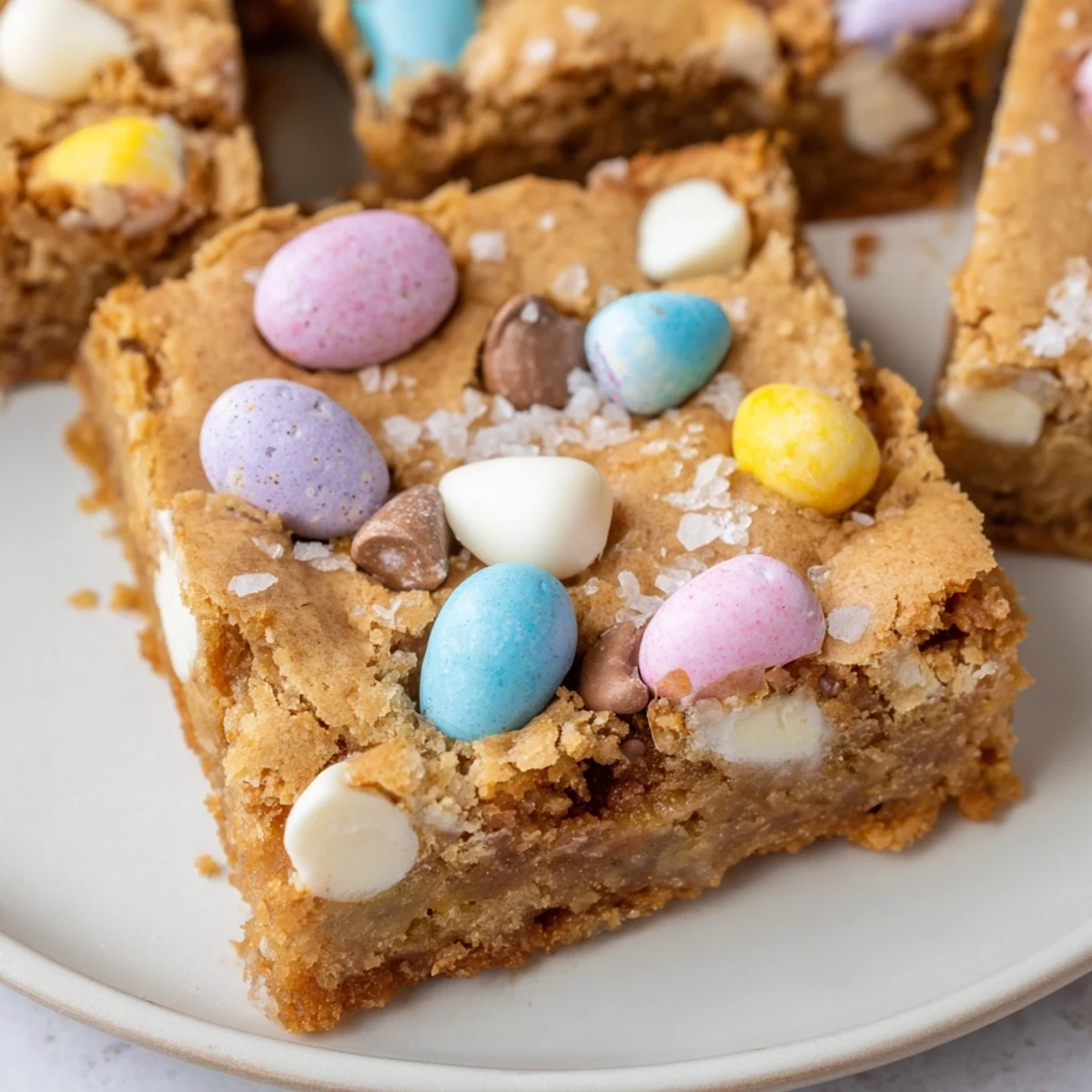 Chewy Cadbury Easter Egg blondies with colorful candy-coated chocolates scattered across golden, buttery squares.