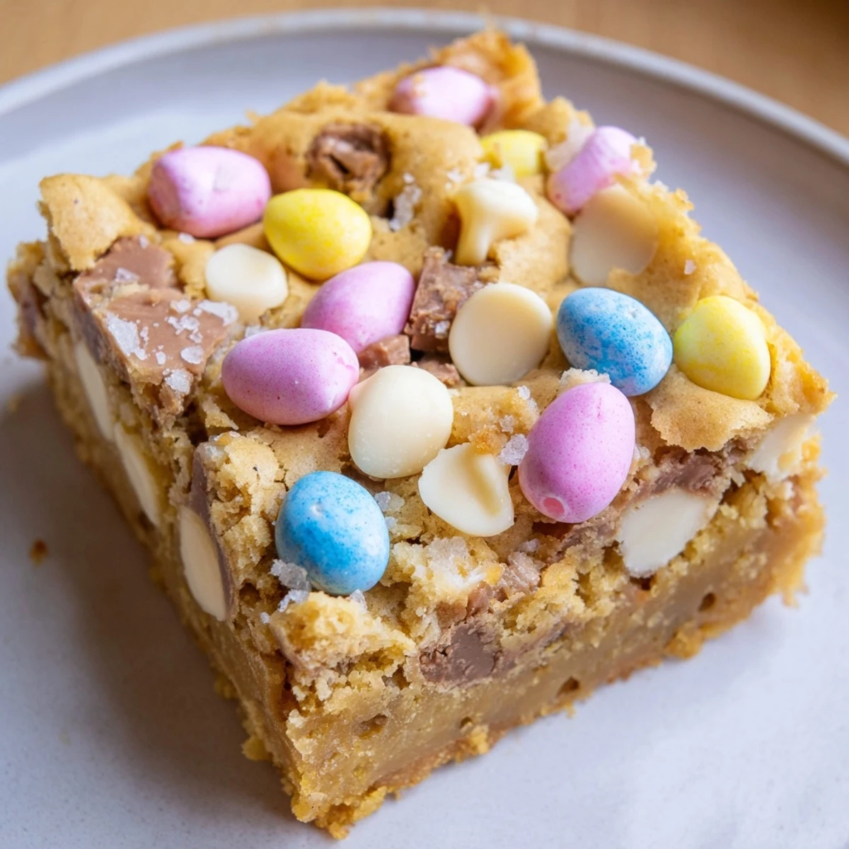 Golden brown blondie bars topped with pastel mini Cadbury Easter eggs on a rustic cutting board.