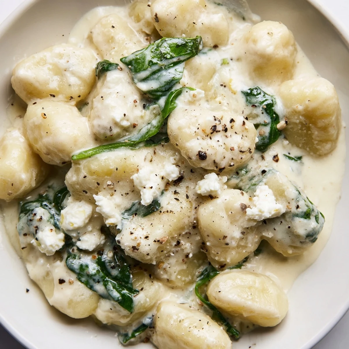 Creamy gnocchi with spinach and feta in a rich white sauce on a white plate