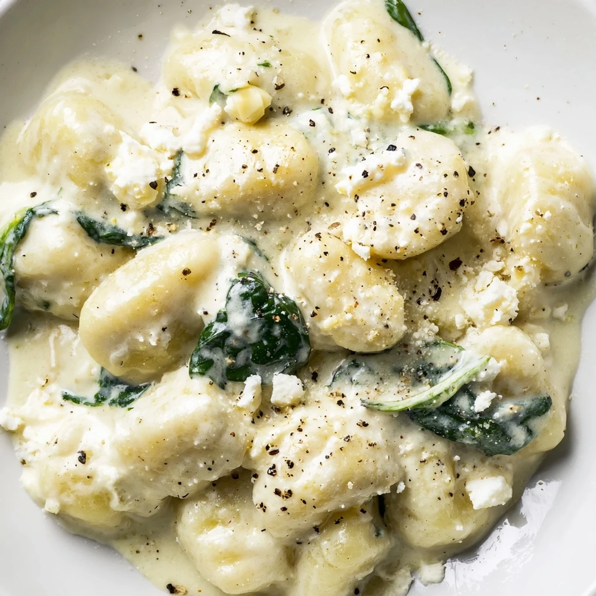 Soft potato gnocchi with spinach and feta glistening in a velvety parmesan cream sauce