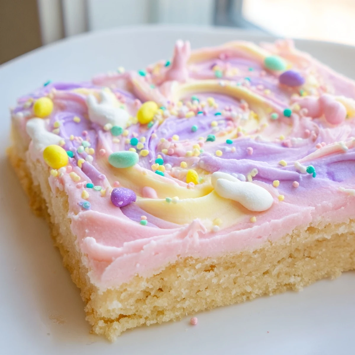 Easter sugar cookie bars with swirled pastel frosting and colorful sprinkles on a rustic wooden cutting board