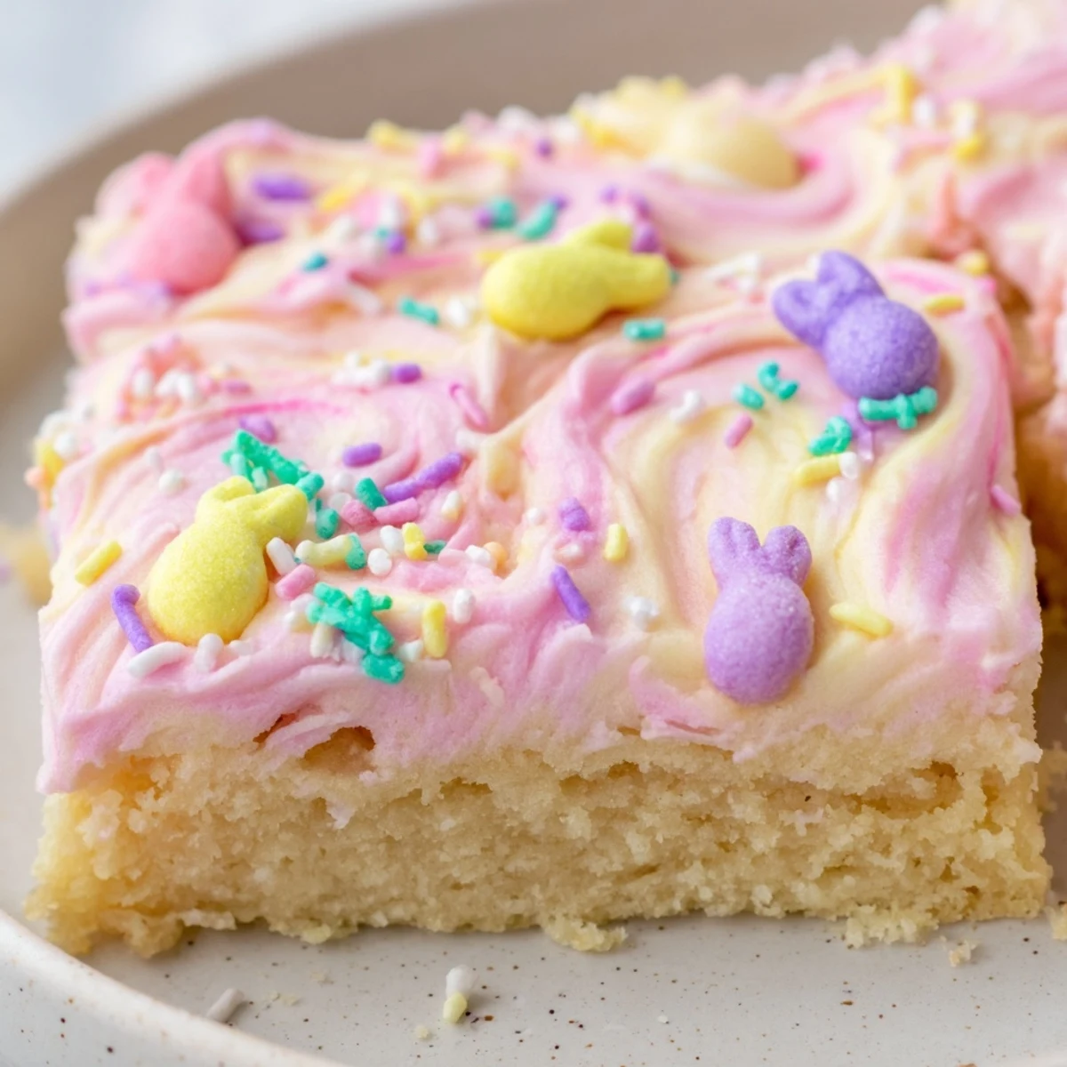 Soft Easter sugar cookie bars cut into squares topped with creamy pink and yellow buttercream frosting