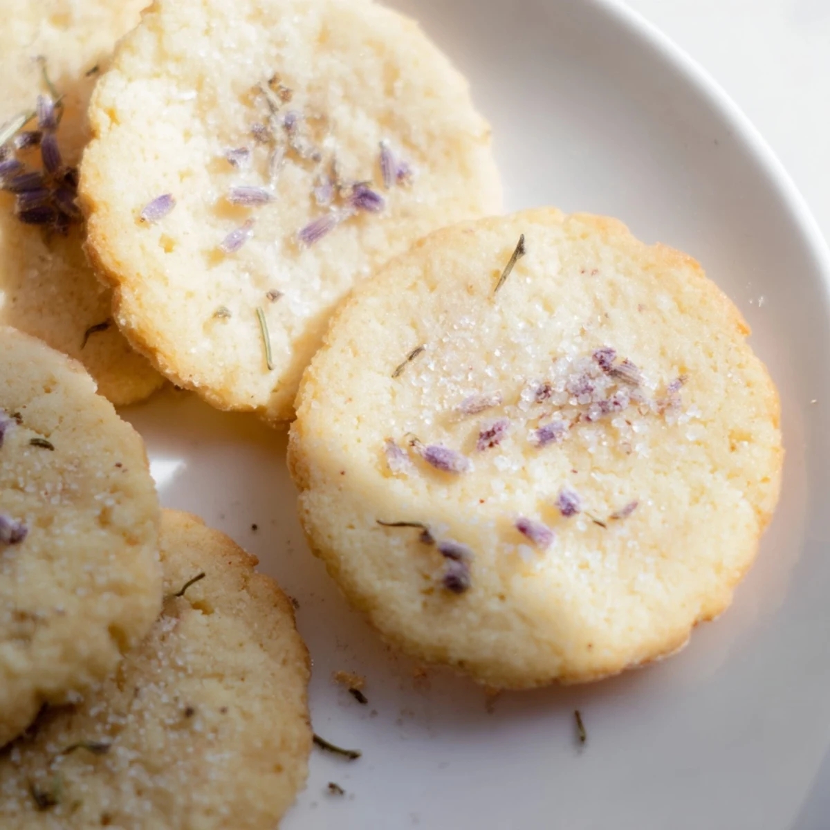 Golden Spring Blossom Cookies topped with colorful edible flowers on a rustic ceramic plate