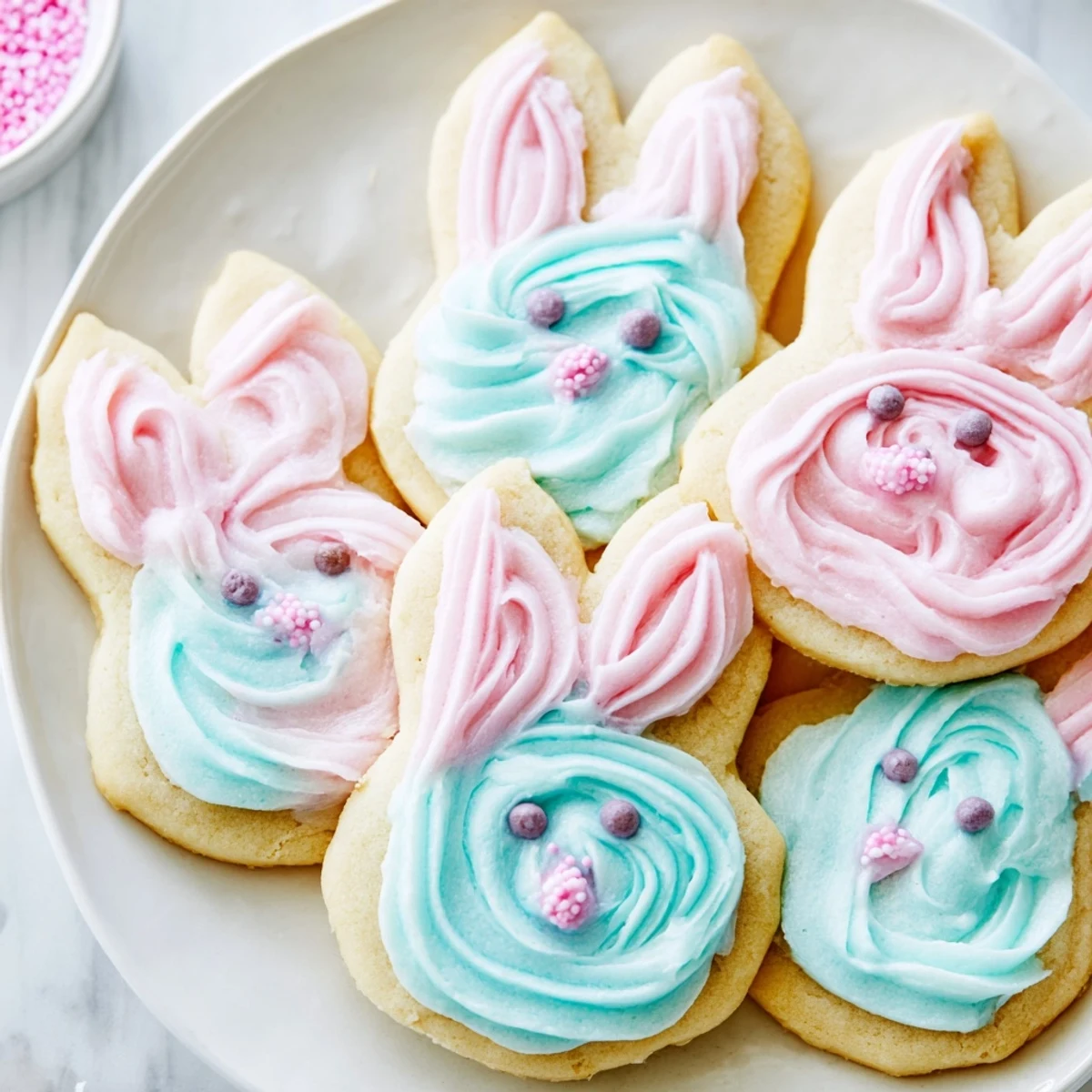 Adorable buttercream bunny cookies with pastel frosting and sweet candy eyes on a decorative spring plate