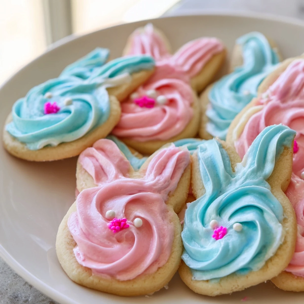 Golden-baked buttercream bunny cookies arranged on a rustic tray, topped with swirled pink and white frosting