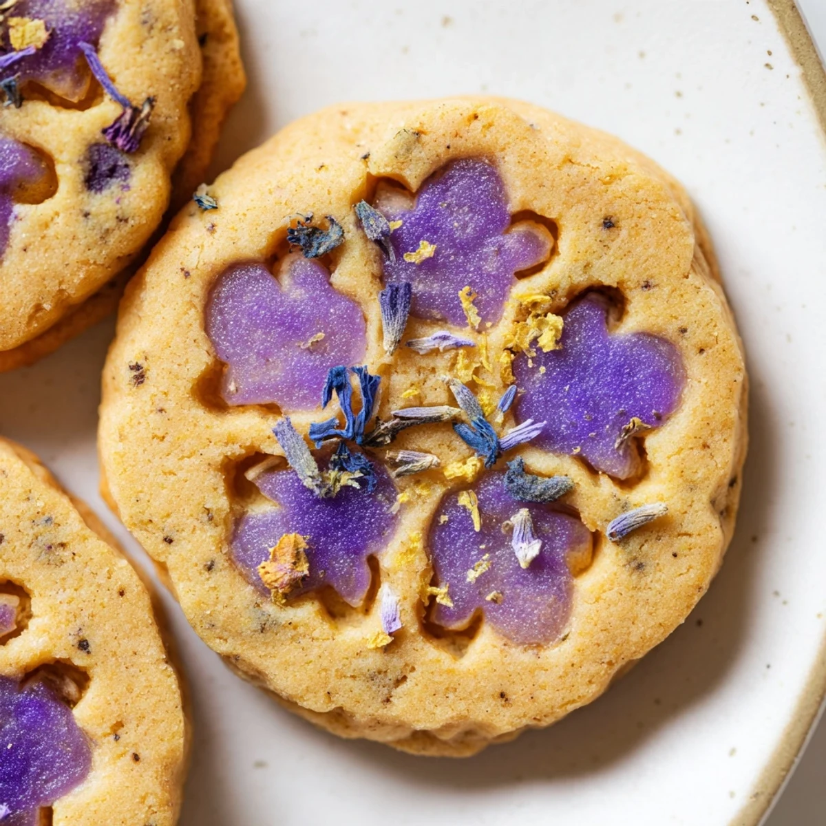 Delicate Earl Grey Stained Glass Floral Cookies arranged on vintage porcelain for an elegant afternoon tea display