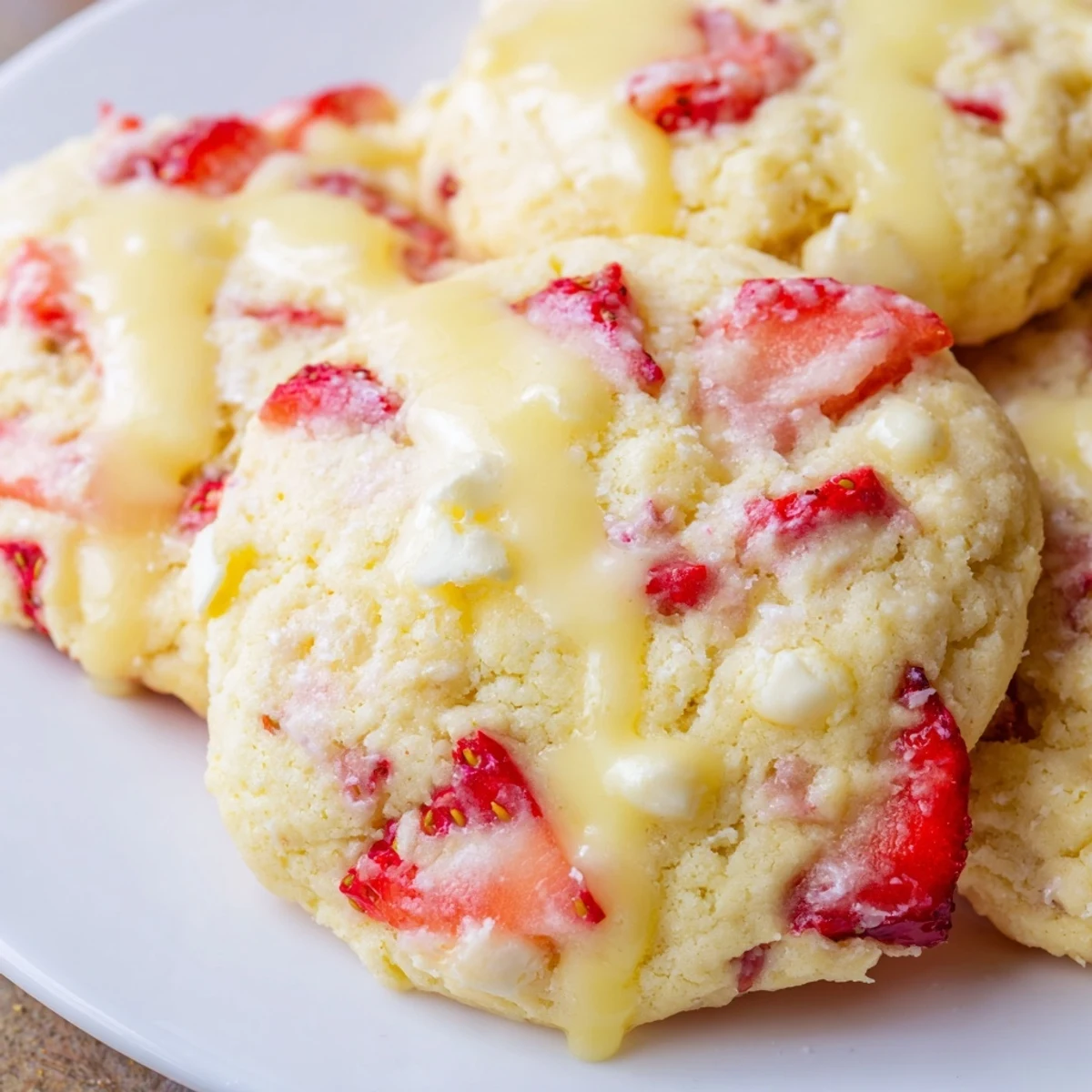 Soft strawberry lemonade cookies with pink flecks drizzled in sweet citrus glaze