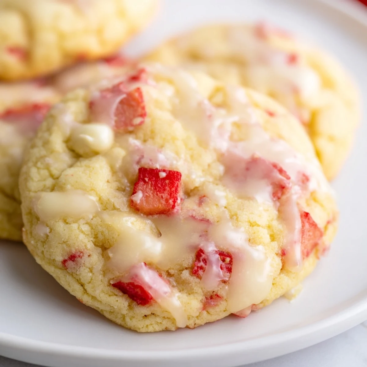 Chewy strawberry lemonade cookies studded with fresh berries on a rustic wooden board