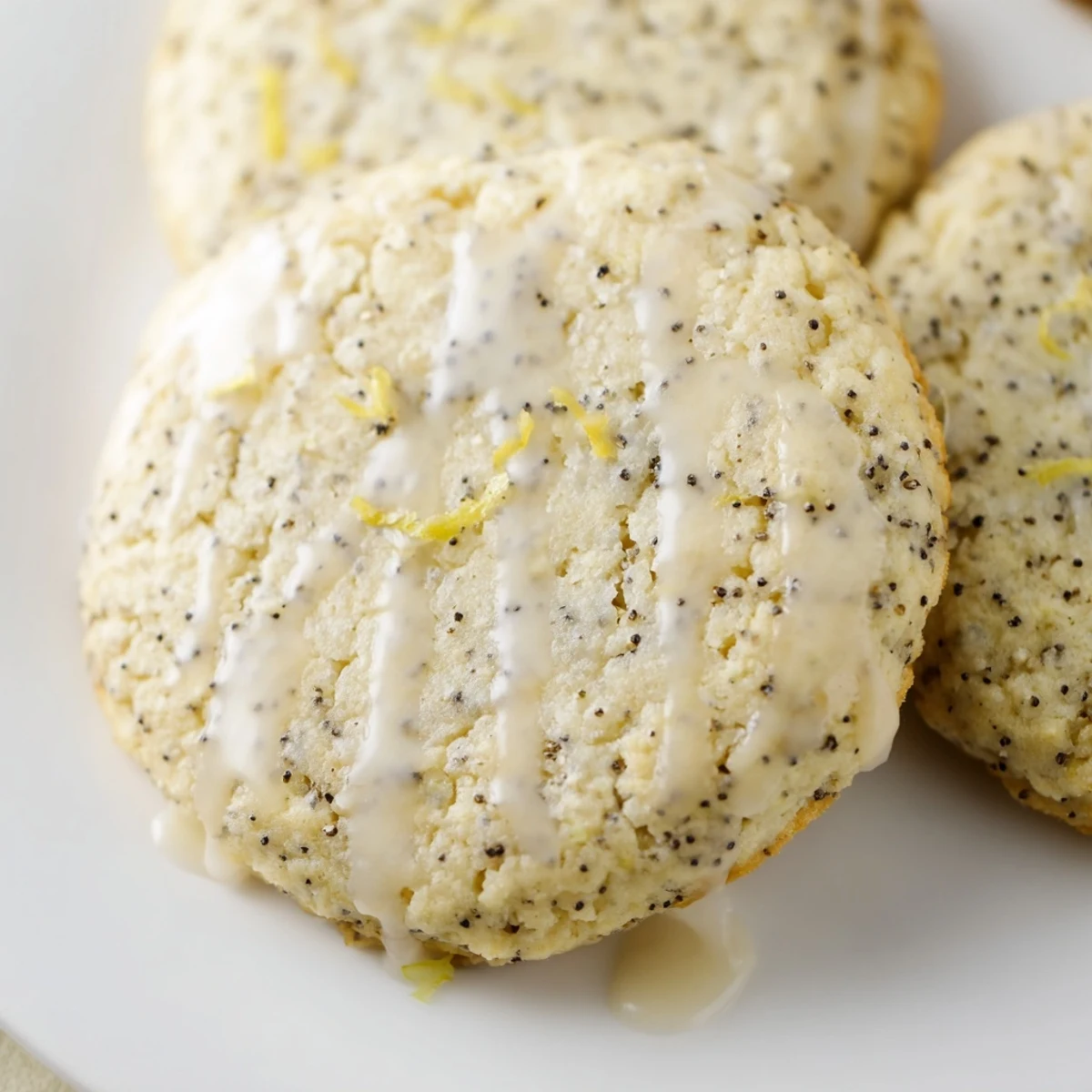 Golden lemon poppy seed cookies with crackly tops arranged on a rustic white serving plate