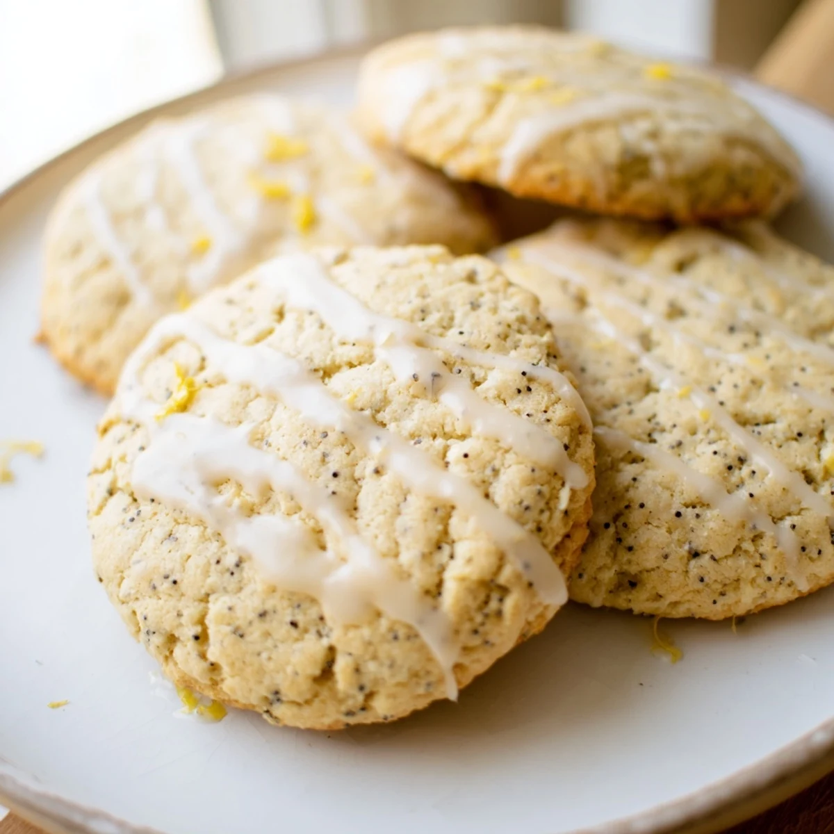 Chewy lemon poppy seed cookies drizzled with sweet citrus glaze stacked on cooling rack
