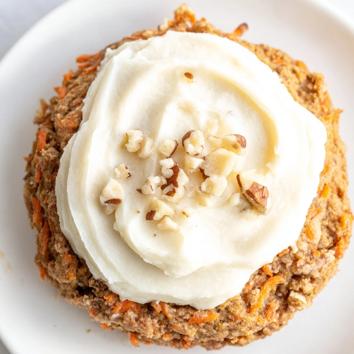 Soft Crumbl carrot cake cookies with swirled cream cheese frosting on a rustic wooden board