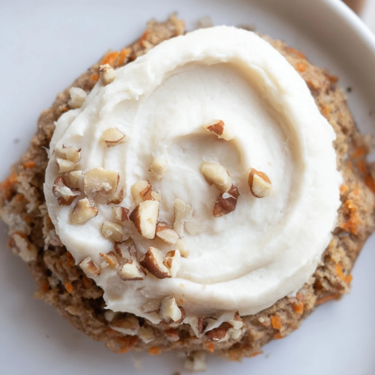 Thick, spiced carrot cake cookies topped with fluffy white cream cheese frosting garnished with nuts