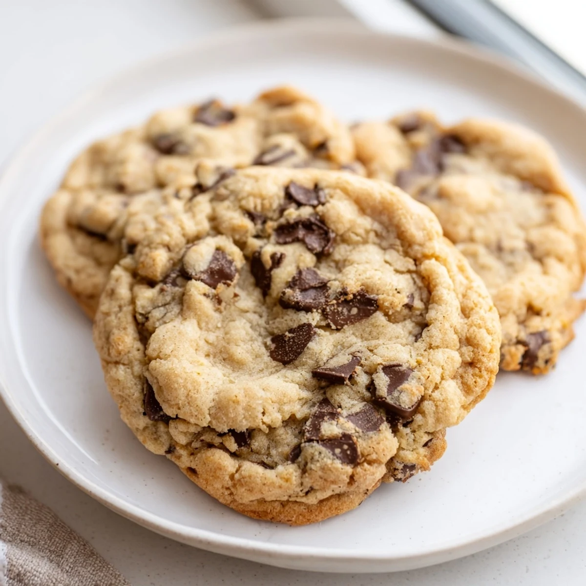 Golden brown nut free chocolate chip cookies with melty chocolate chips stacked on a cooling rack