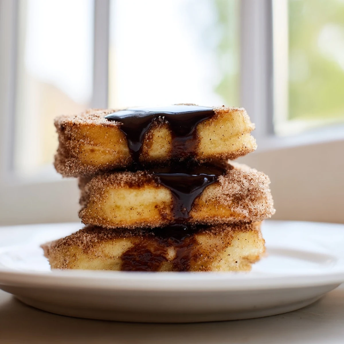 Fluffy Spanish Churro Pancakes stacked high with rich chocolate sauce drizzling down the sides