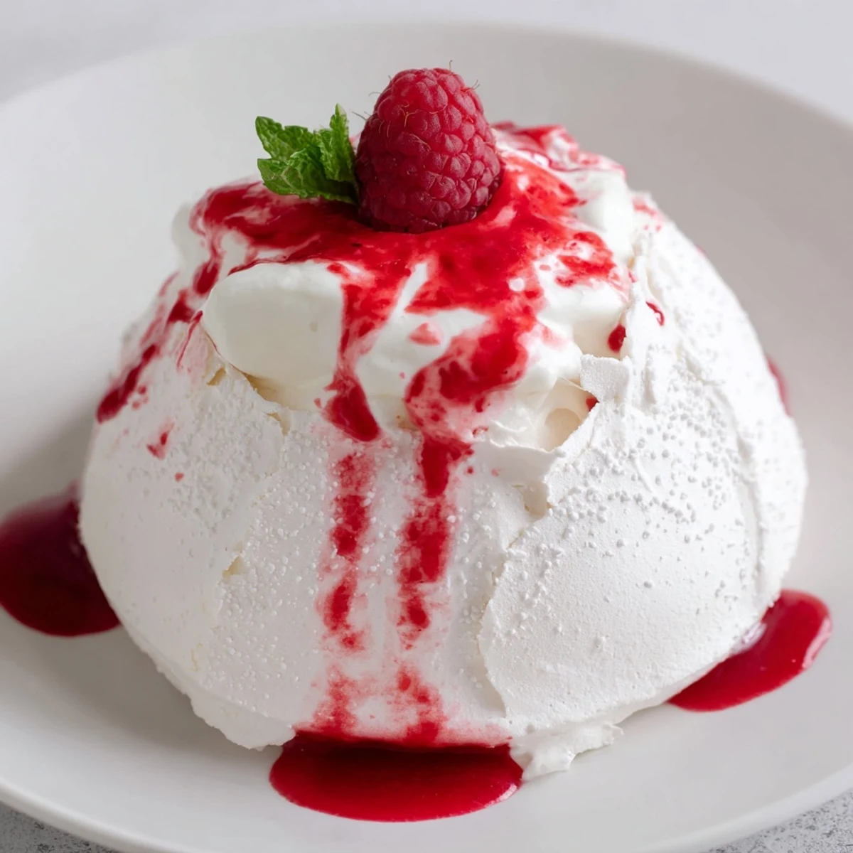Crisp Pavlova bombs with billowy whipped cream and bright red raspberry coulis drizzled on top