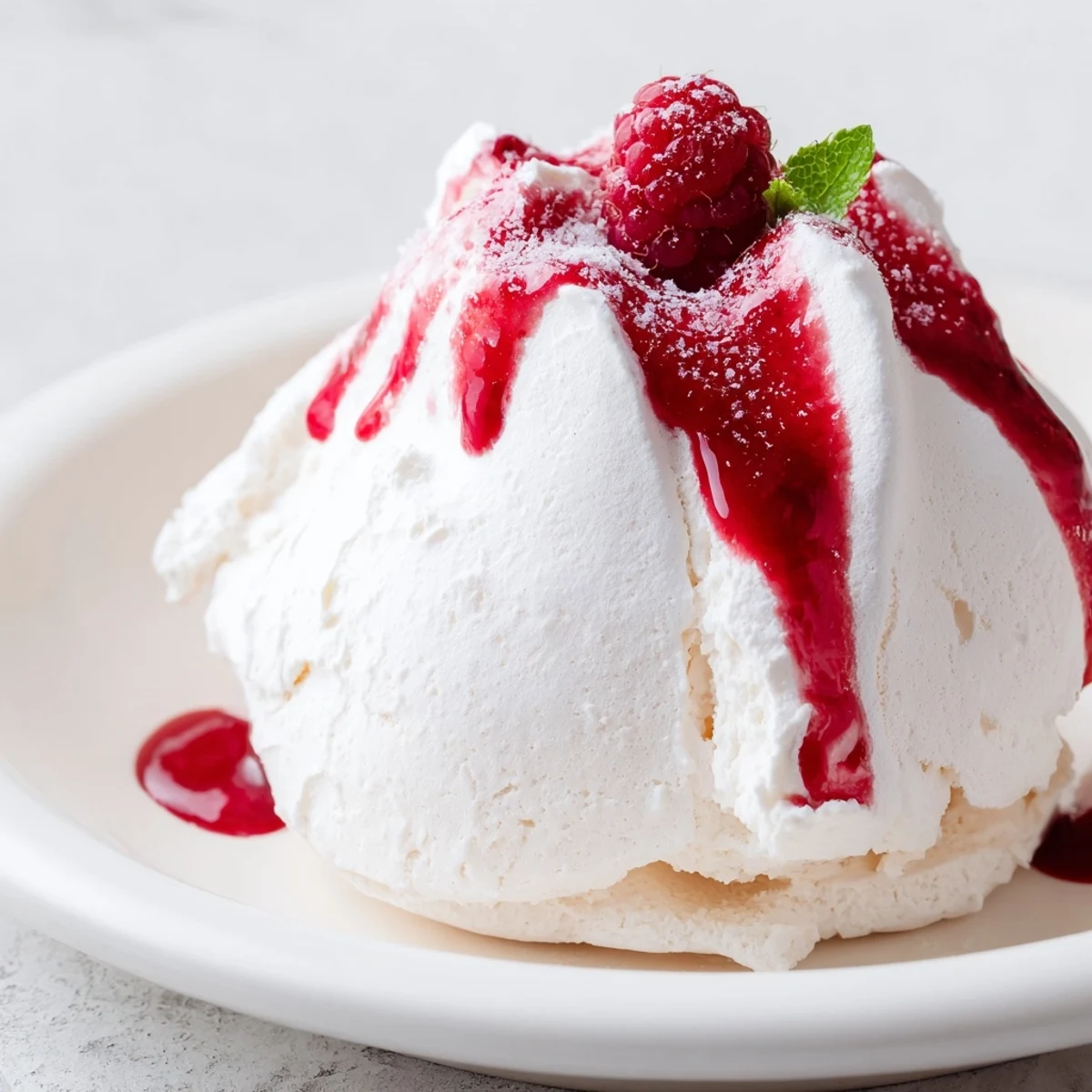 Bite-sized Pavlova bombs featuring marshmallow-soft centers topped with tangy raspberry sauce and fresh berries