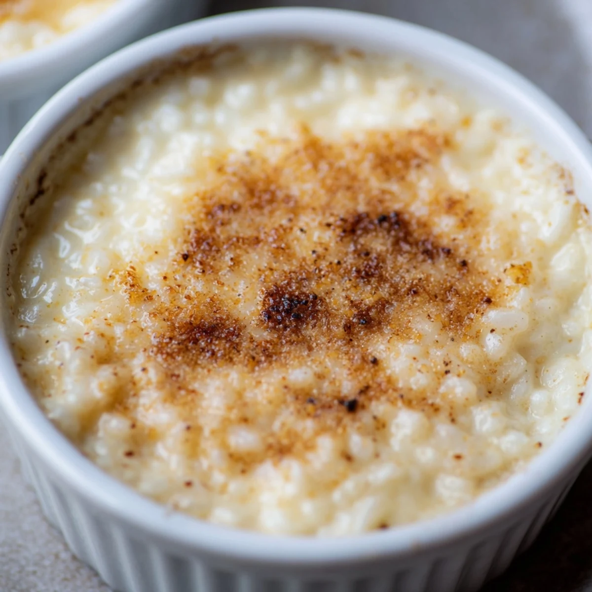 Creamy Portuguese rice custard in white ramekins topped with golden cinnamon-sugar sprinkles