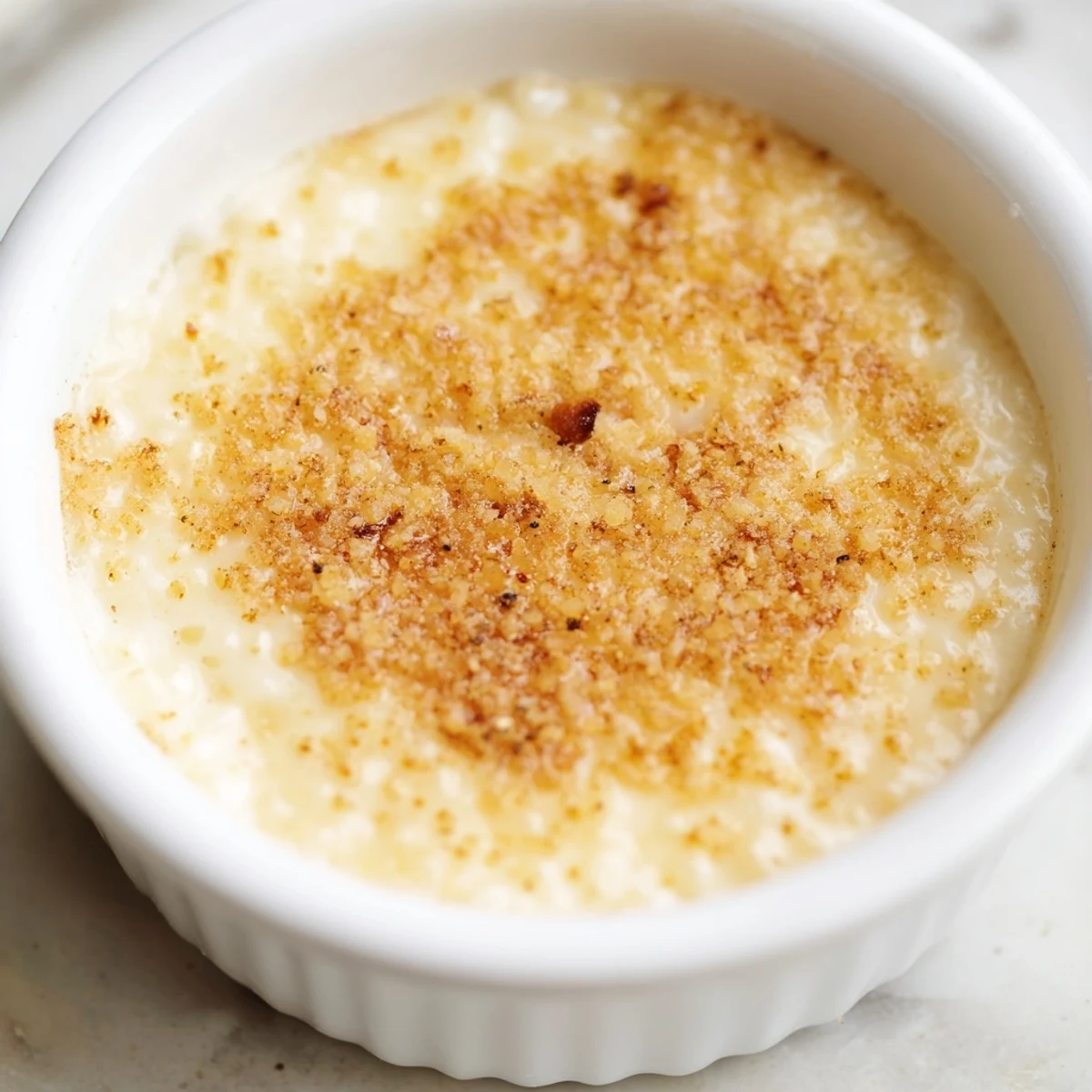 Silky Portuguese rice custard swirled in a ceramic dish with warm cinnamon dusting
