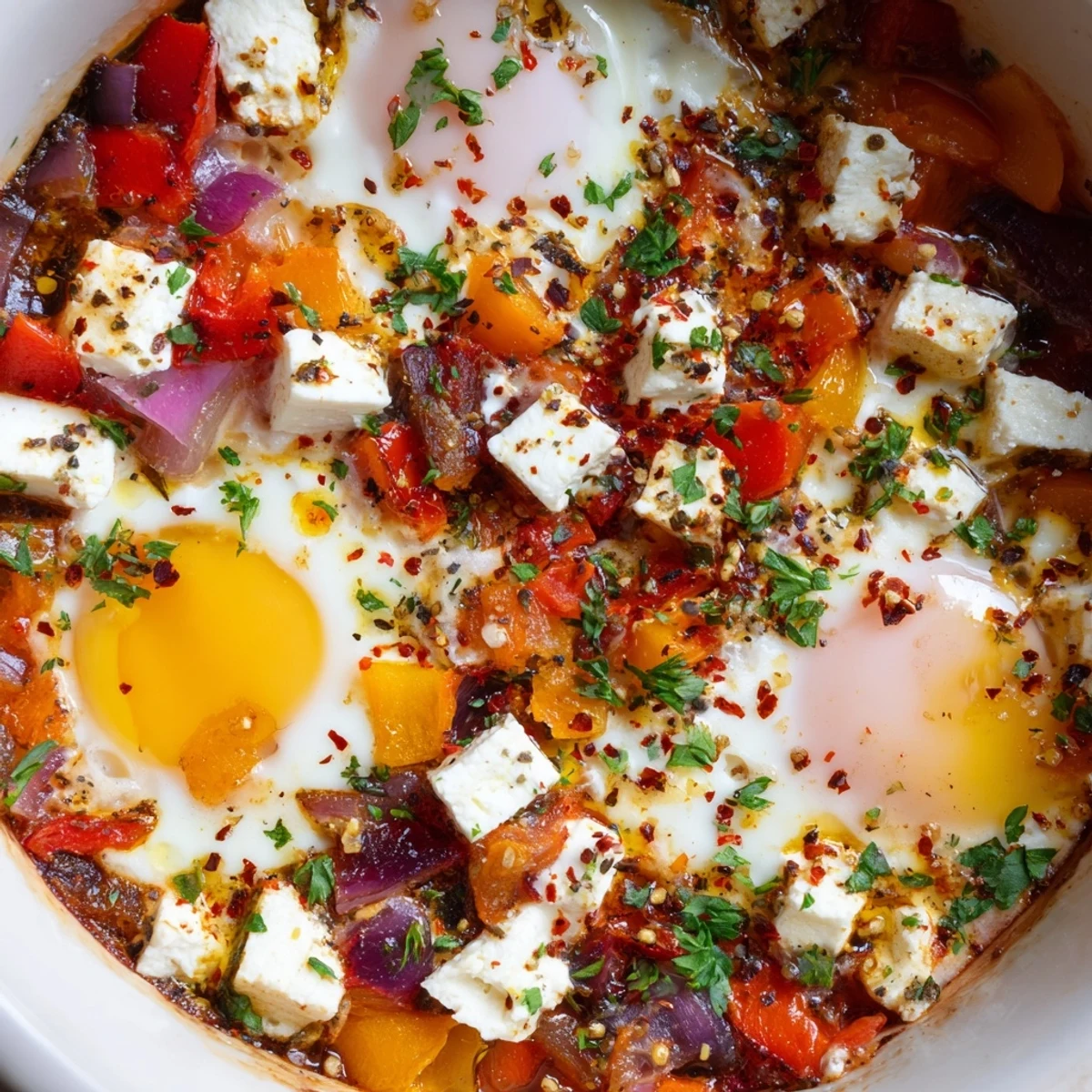 Creamy baked feta eggs with roasted tomatoes and herbs in cast iron skillet