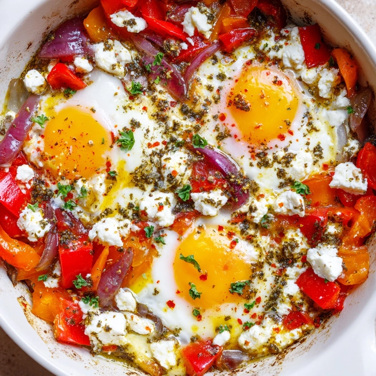 Golden yolks nestled in baked feta eggs with colorful Mediterranean vegetables