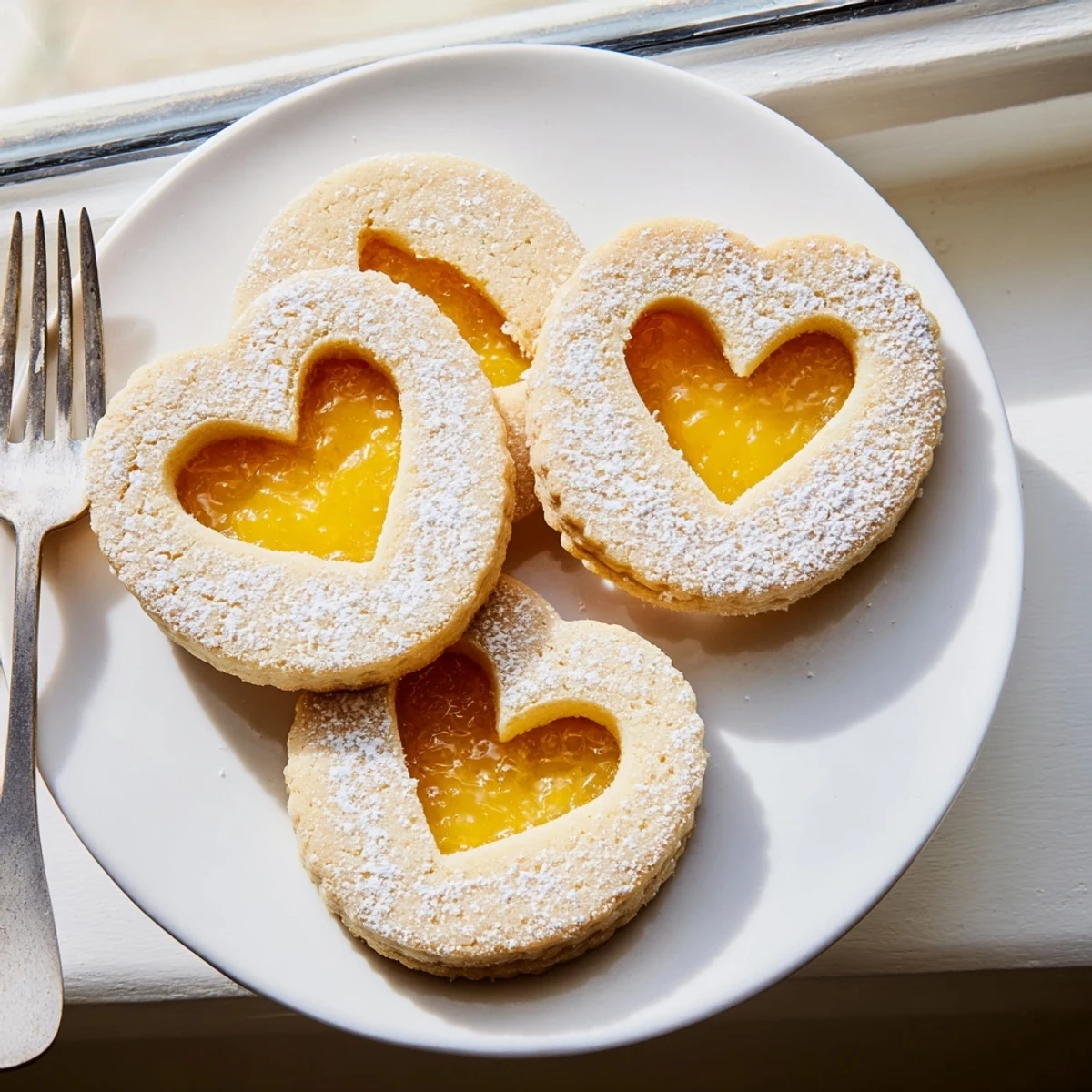 Delicate Meyer Lemon Curd Linzer Cookies with powdered sugar dusting and golden almond edges