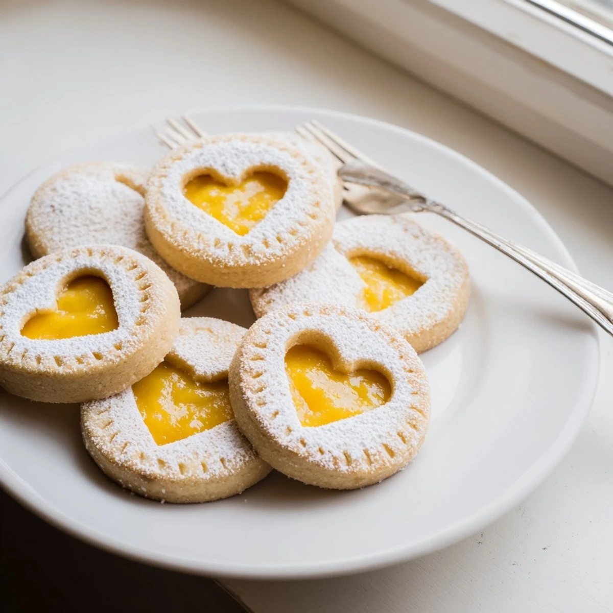 Cutout Meyer Lemon Curd Linzer Cookies revealing bright yellow citrus filling inside buttery shortbread