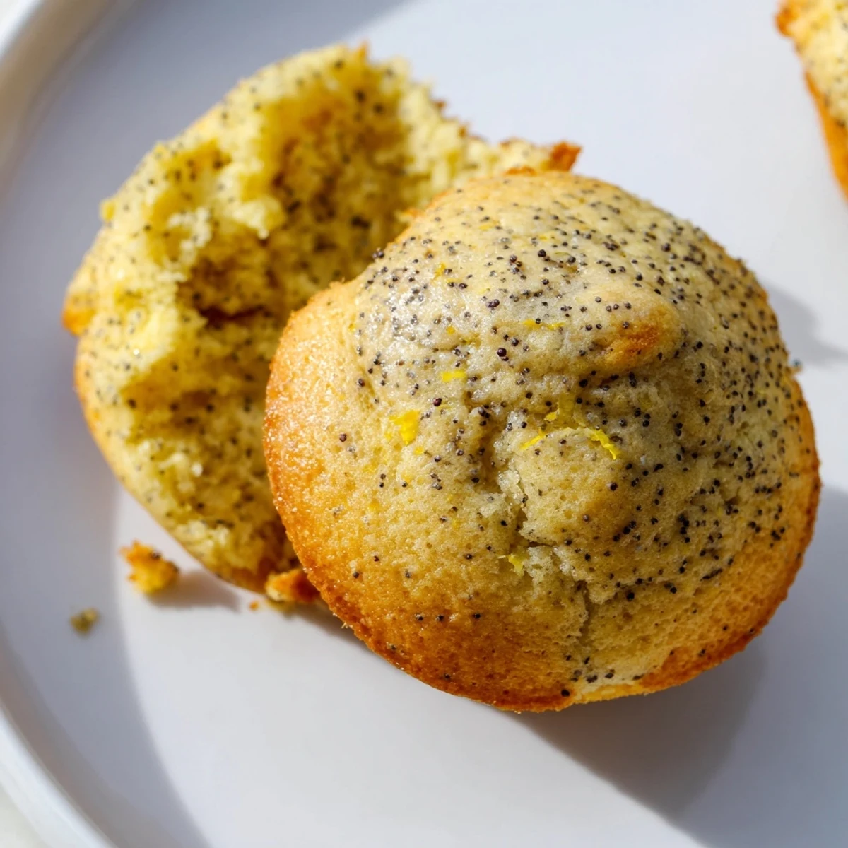 Golden lemon poppy seed muffins with domed tops fresh from the oven on a wire cooling rack