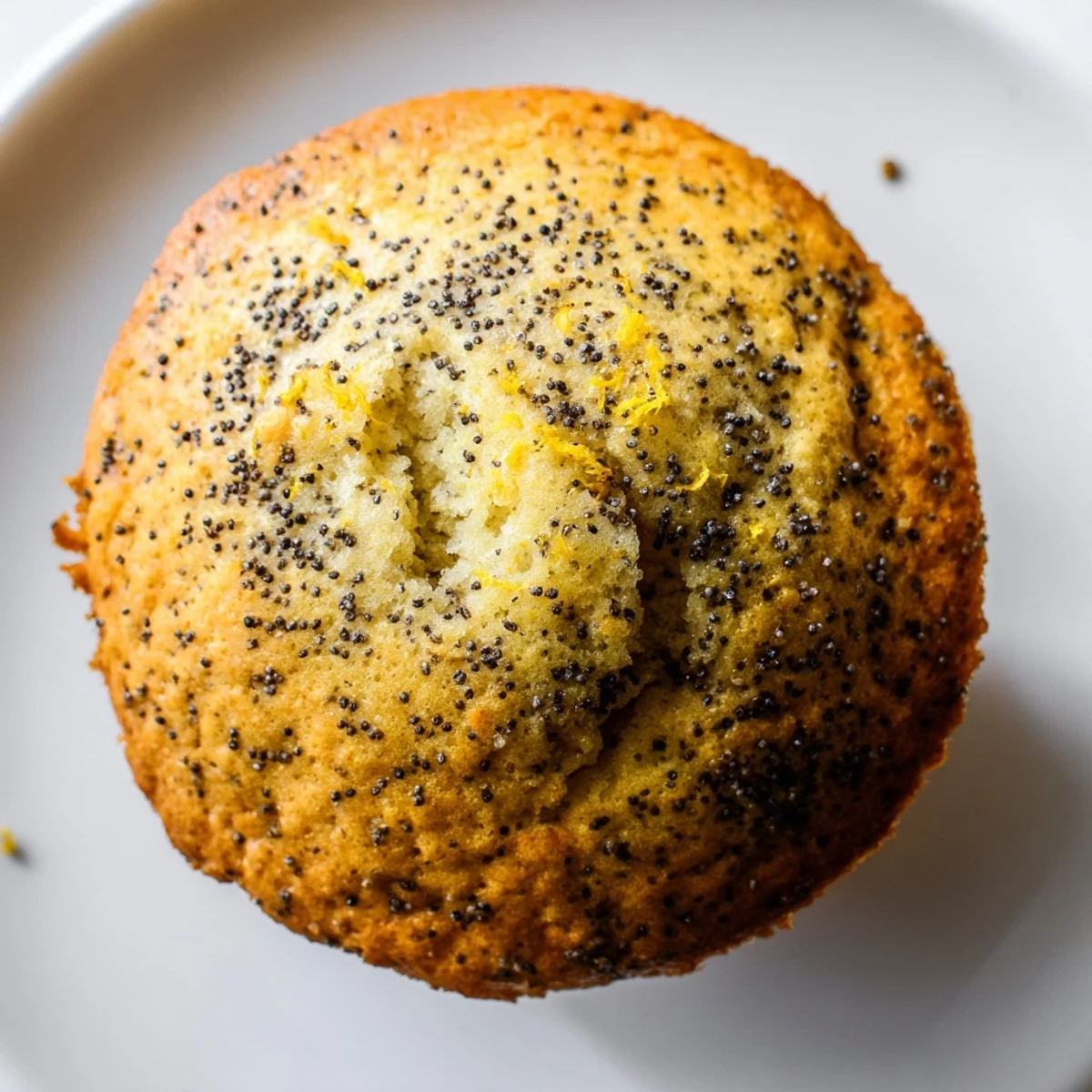 Moist lemon poppy seed muffins flecked with zest arranged on a rustic ceramic serving plate
