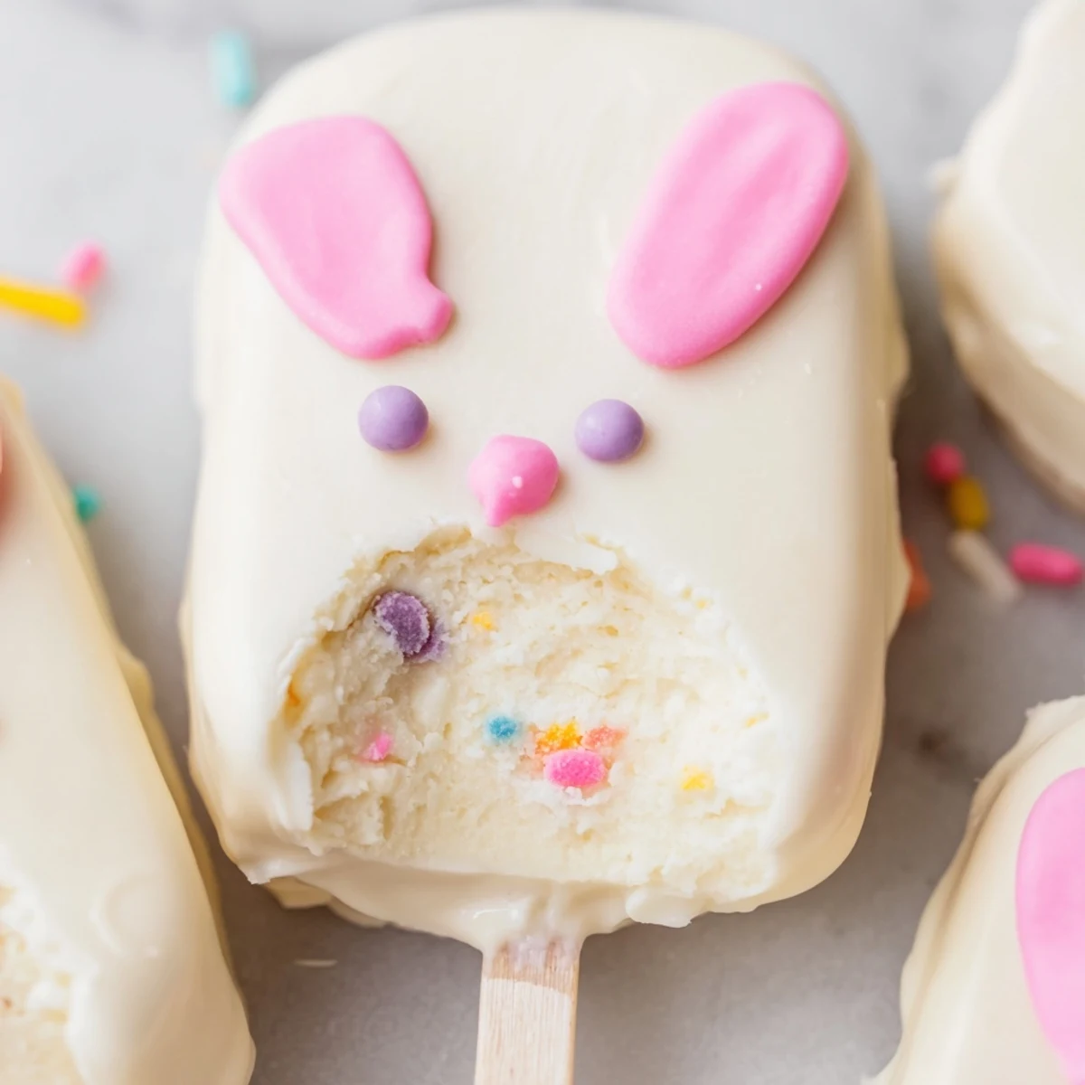 Adorable white chocolate bunny cakesicles with candy eyes on a parchment-lined baking tray